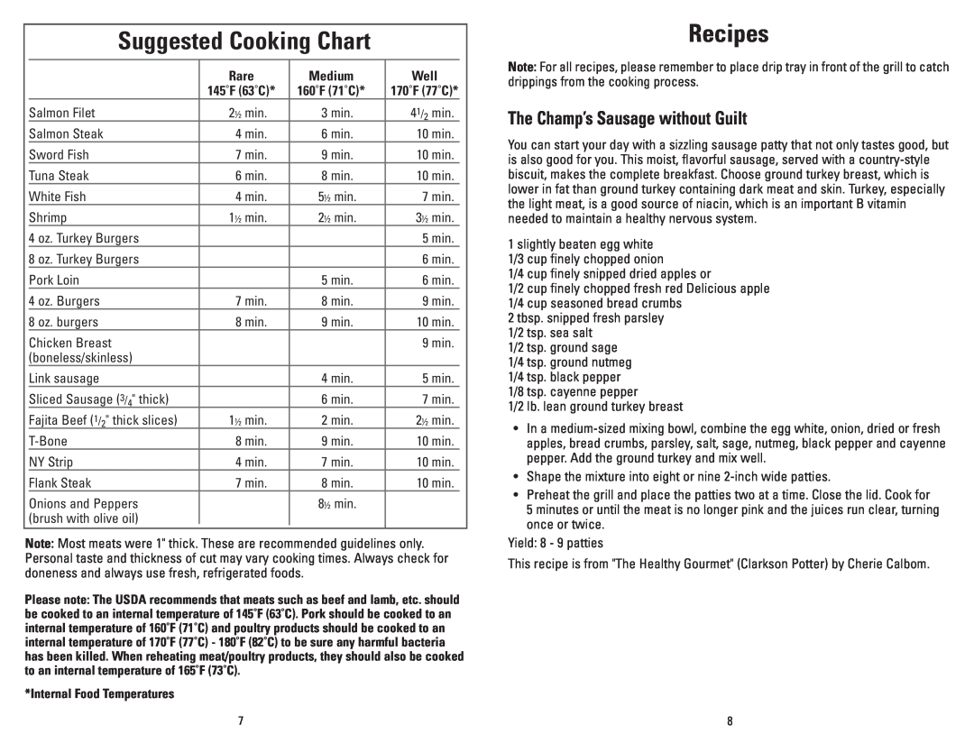 George Foreman GR20B manual Suggested Cooking Chart, Recipes, The Champ’s Sausage without Guilt 