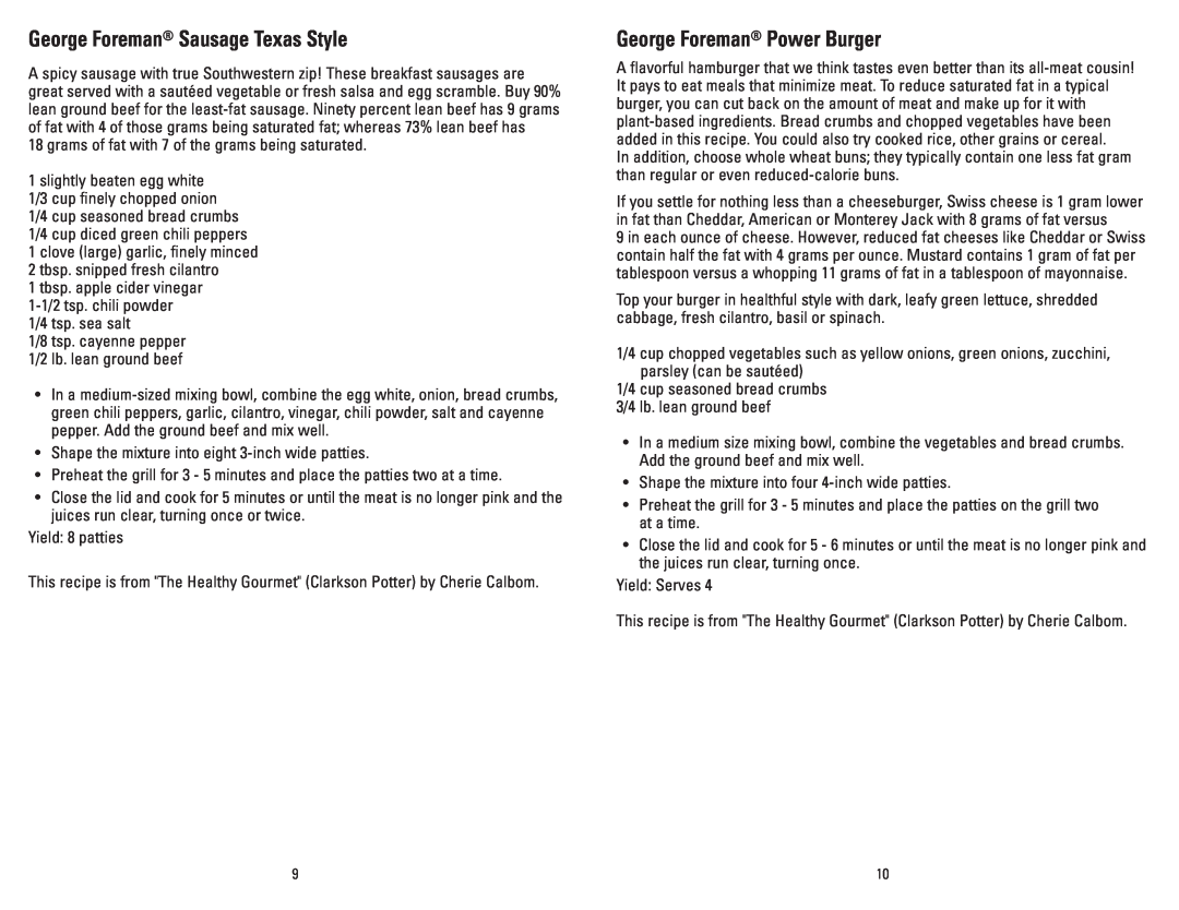 George Foreman GR20B manual George Foreman Sausage Texas Style, George Foreman Power Burger 