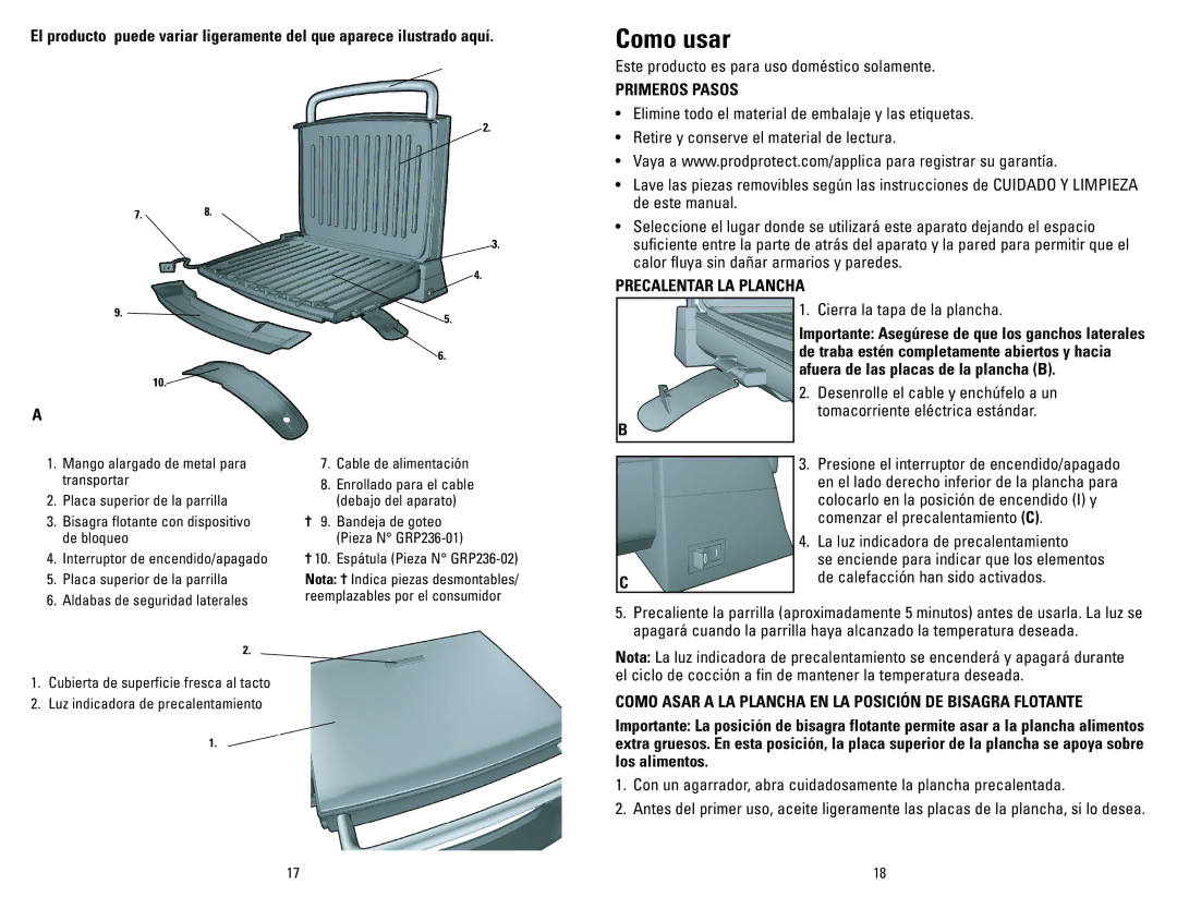 George Foreman GR236CTDP, GR236CTP, GR236CTBCAN, GR236CTBQ, GR236CTRQ manual Como usar, Primeros Pasos, Precalentar LA Plancha 