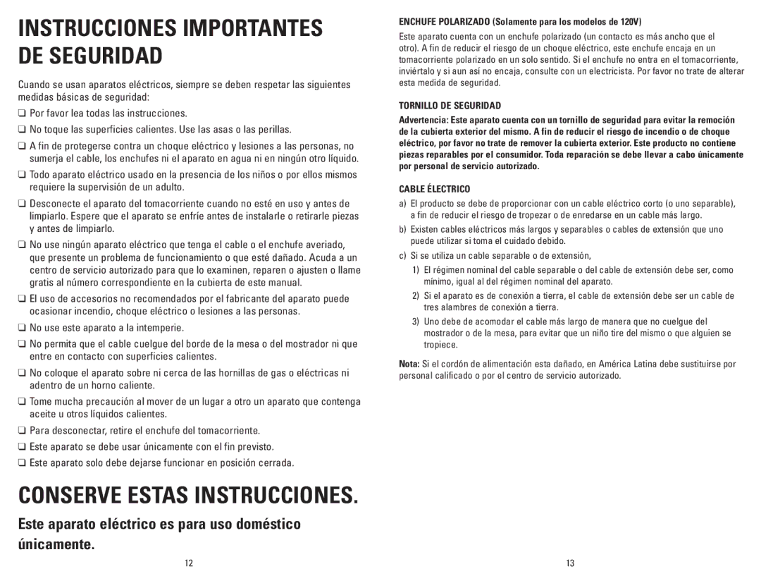 George Foreman GR26B, GR26P manual Enchufe Polarizado Solamente para los modelos de, Tornillo DE Seguridad, Cable Électrico 