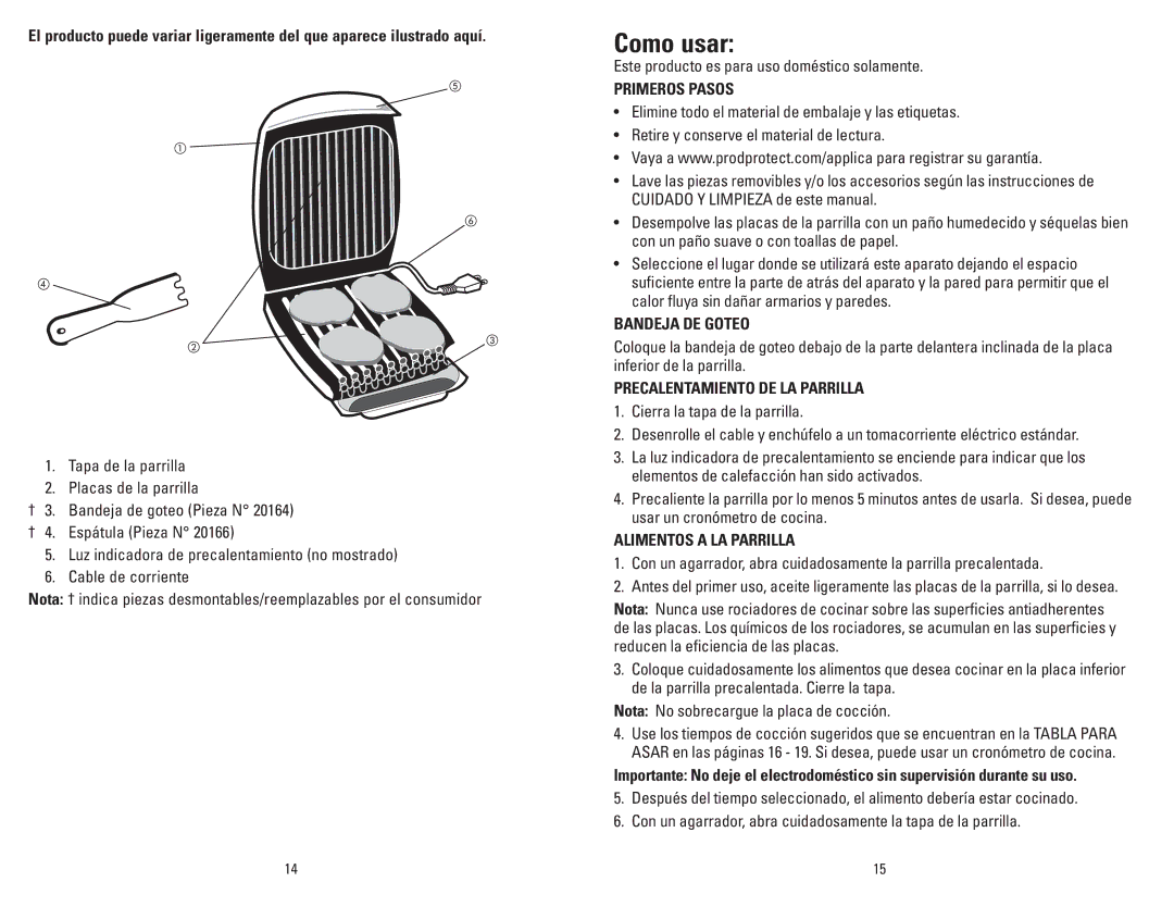 George Foreman GR26P Como usar, Primeros Pasos, Bandeja DE Goteo, Precalentamiento DE LA Parrilla, Alimentos a LA Parrilla 