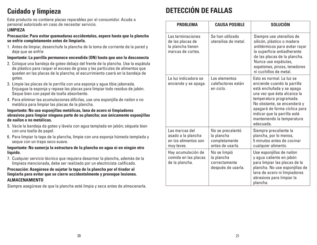 George Foreman GR36PCAN manual Cuidado y limpieza, Limpieza, Almacenamiento, Problema Causa Posible Solución 