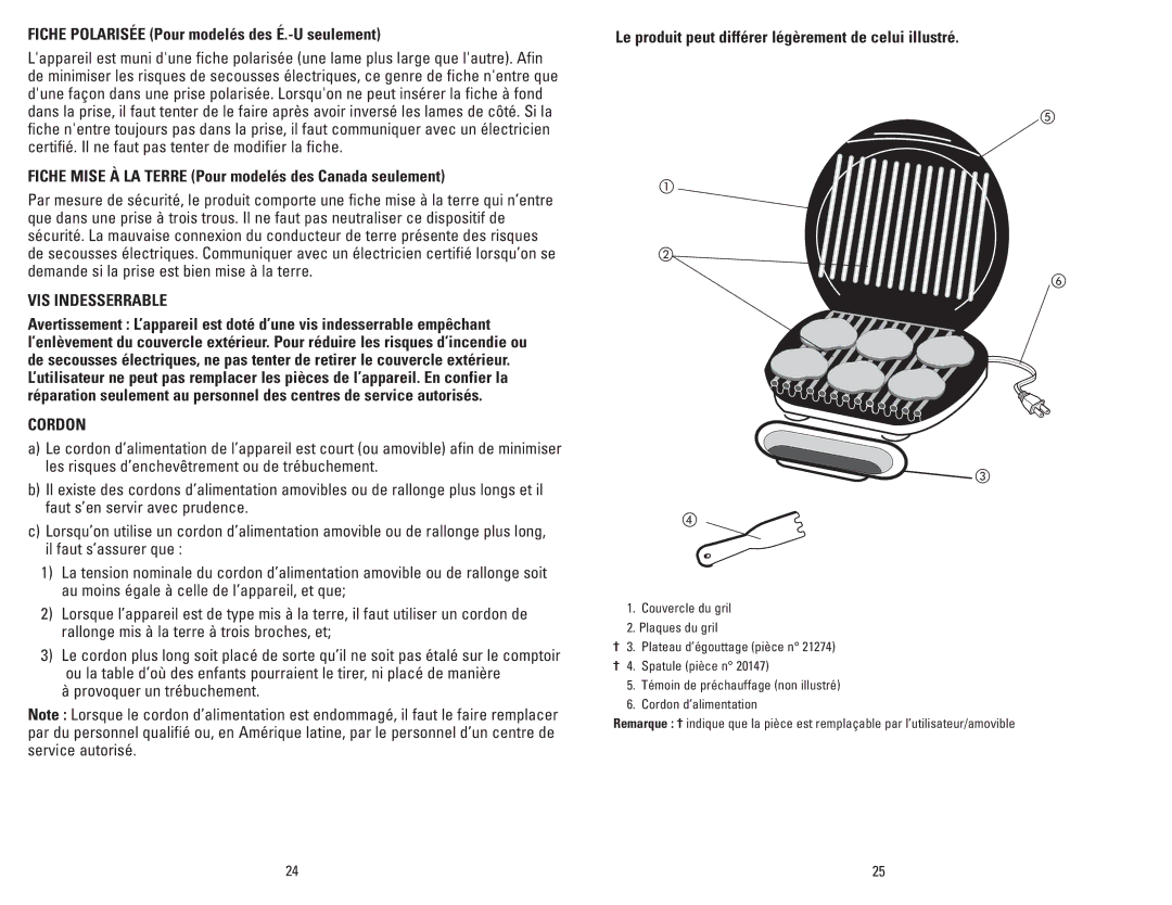 George Foreman GR36PCAN manual Fiche Polarisée Pour modelés des É.-U seulement, VIS Indesserrable, Cordon 