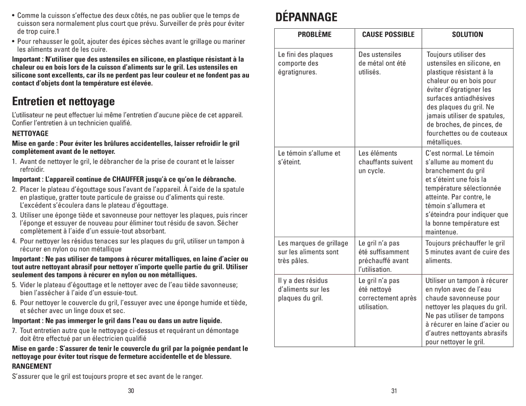 George Foreman GR36PCAN manual Entretien et nettoyage, Nettoyage, Rangement, Problème 