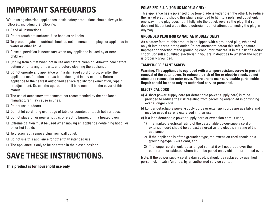 George Foreman GR36PCAN manual Polarized Plug for US Models only, Grounded Plug for Canadian Models only 