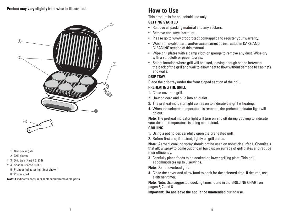 George Foreman GR36PCAN manual How to Use, Getting Started, Drip Tray, Preheating the Grill, Grilling 