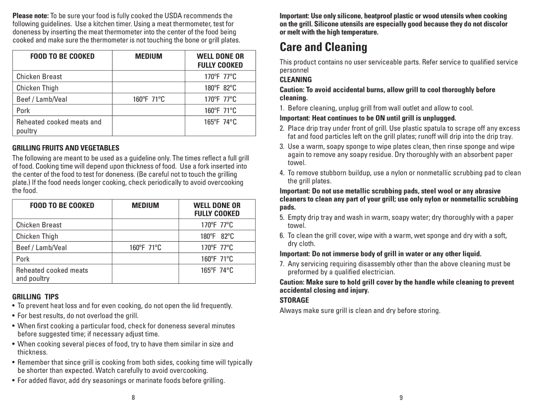 George Foreman GR36PCAN manual Care and Cleaning 