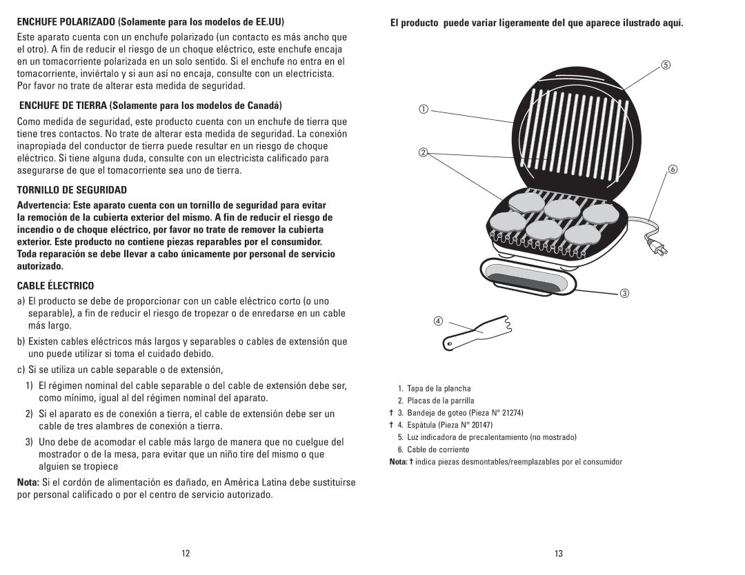 George Foreman GR36PCAN Enchufe Polarizado Solamente para los modelos de EE.UU, Tornillo DE Seguridad, Cable Électrico 