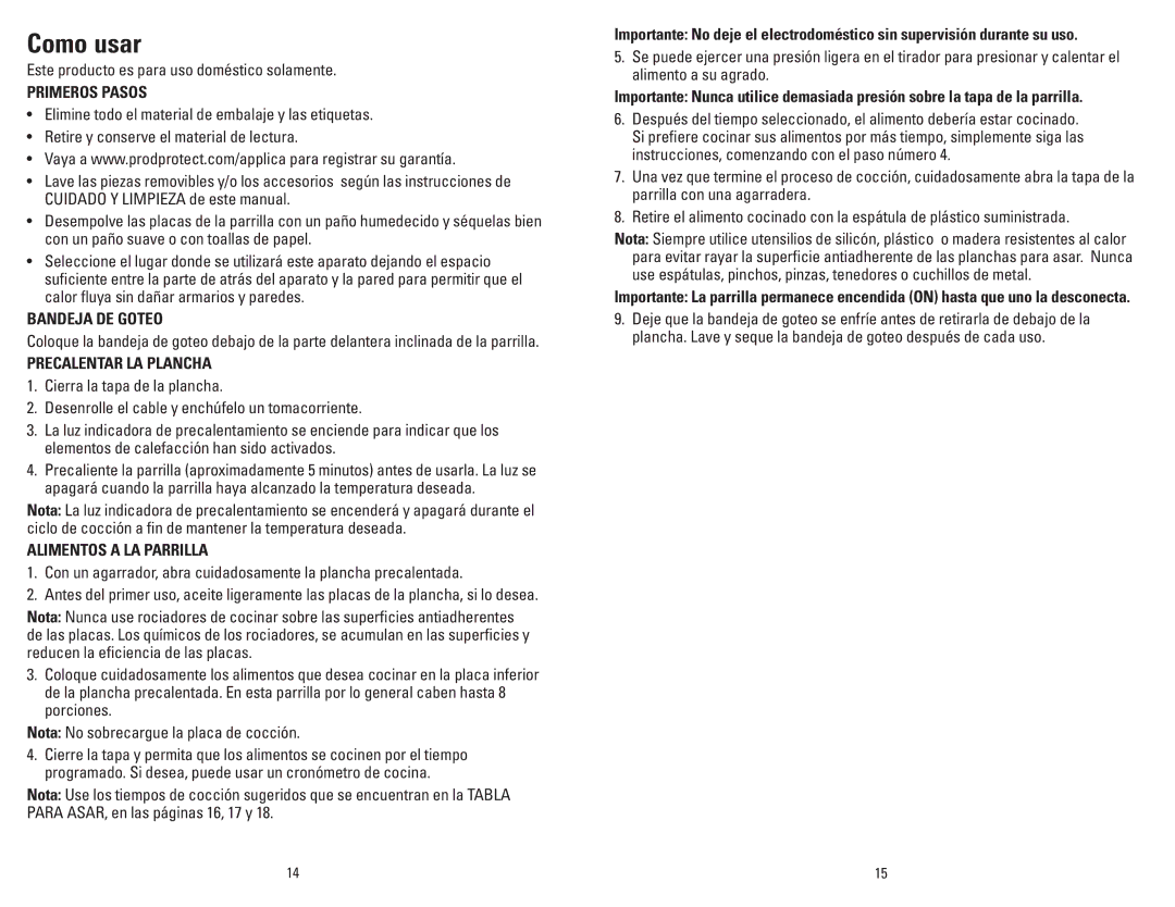 George Foreman GR36PCAN manual Como usar, Primeros Pasos, Bandeja DE Goteo, Precalentar LA Plancha, Alimentos a LA Parrilla 