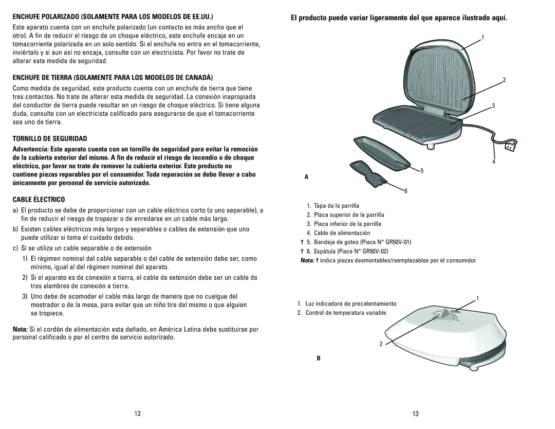 George Foreman GR50V manual Enchufe Polarizado Solamente Para LOS Modelos DE EE.UU, Tornillo DE Seguridad, Cable Électrico 