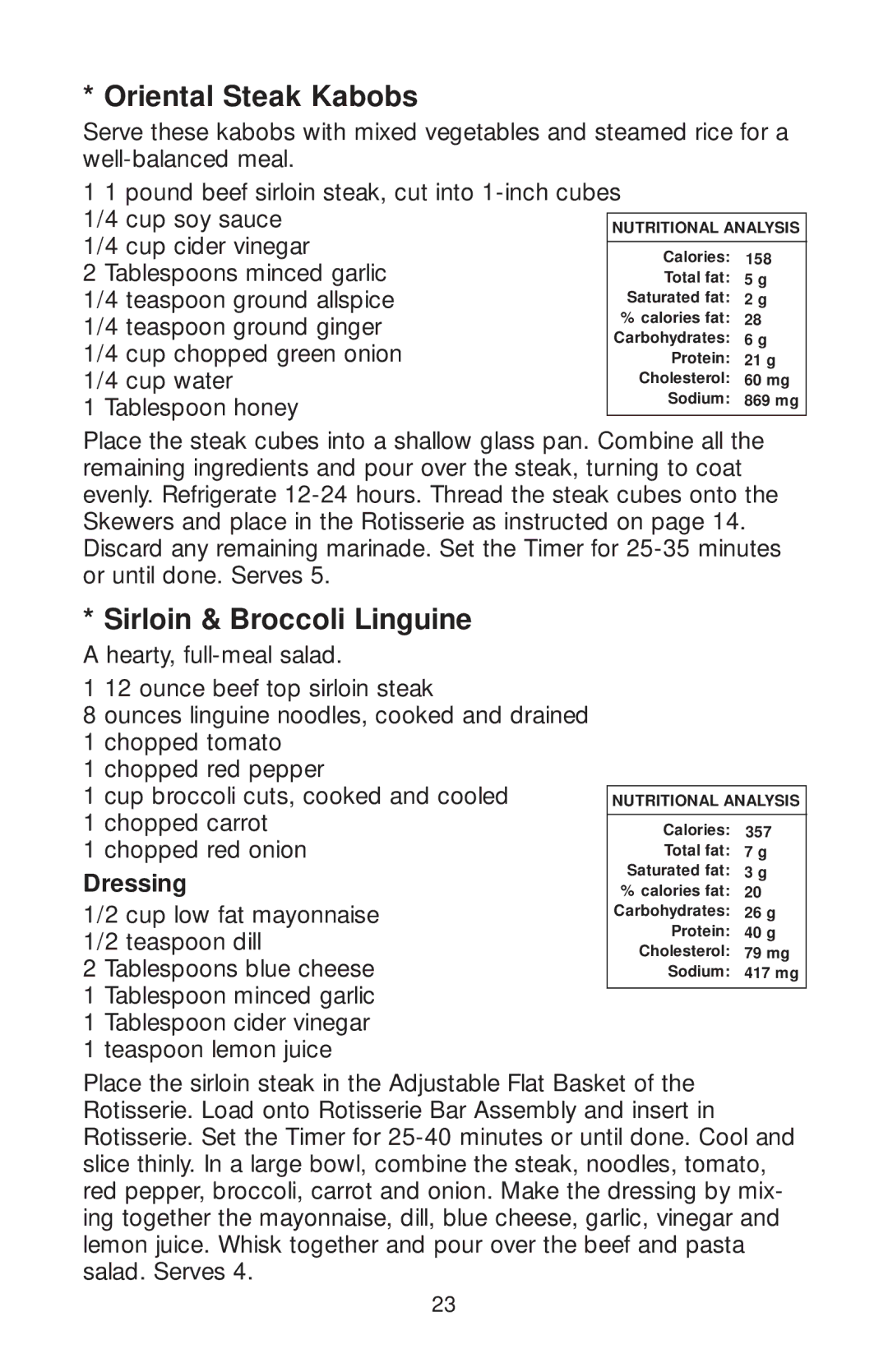 George Foreman GR82 owner manual Oriental Steak Kabobs, Sirloin & Broccoli Linguine, Dressing 