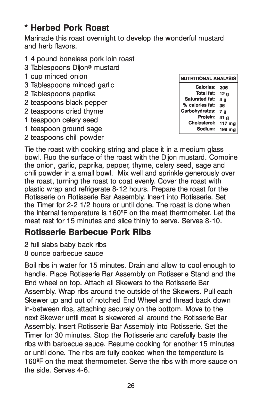 George Foreman GR82 owner manual Herbed Pork Roast, Rotisserie Barbecue Pork Ribs 