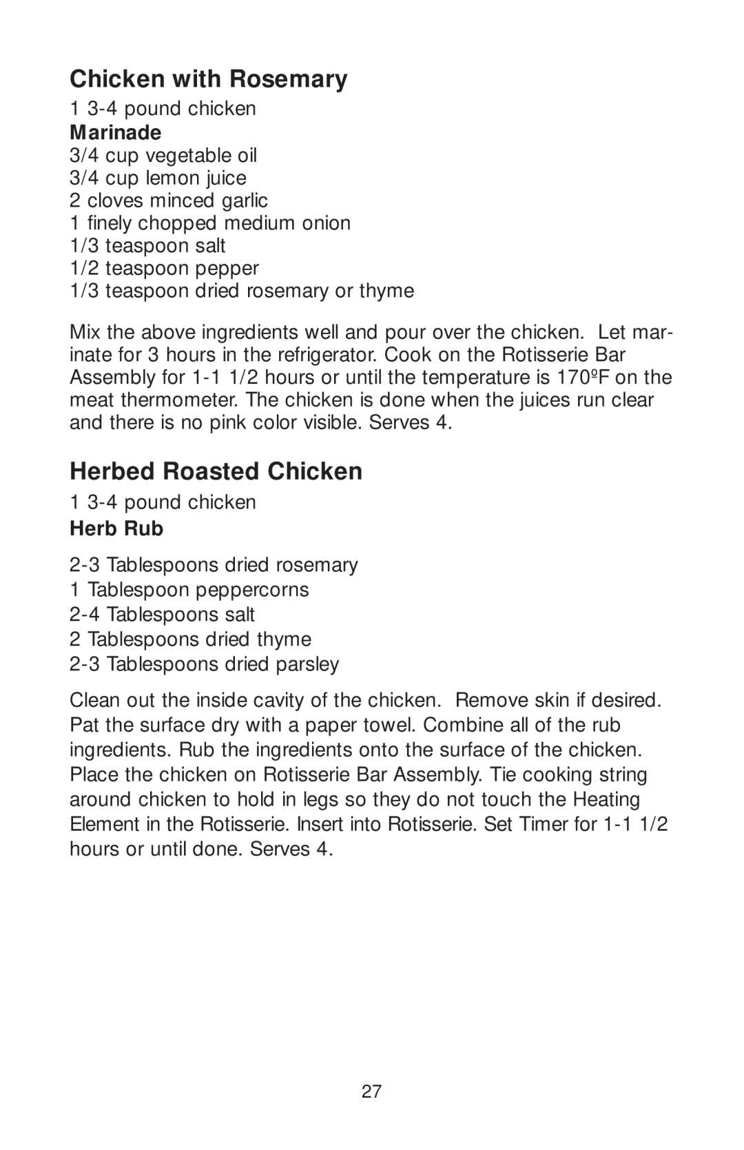George Foreman GR82 owner manual Chicken with Rosemary, Herbed Roasted Chicken, Herb Rub, Marinade 