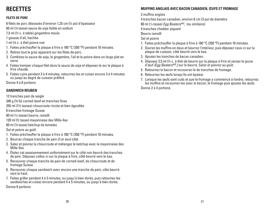George Foreman GRD10GFBC Recettes, Sandwich Reuben, Muffins anglais avec bacon canadien, œufs et fromage, Filets de porc 