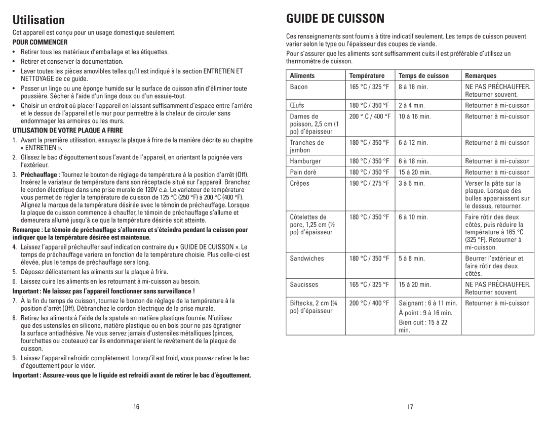 George Foreman GRD10GFBC manual Guide DE Cuisson, Pour Commencer, Utilisation DE Votre Plaque a Frire 
