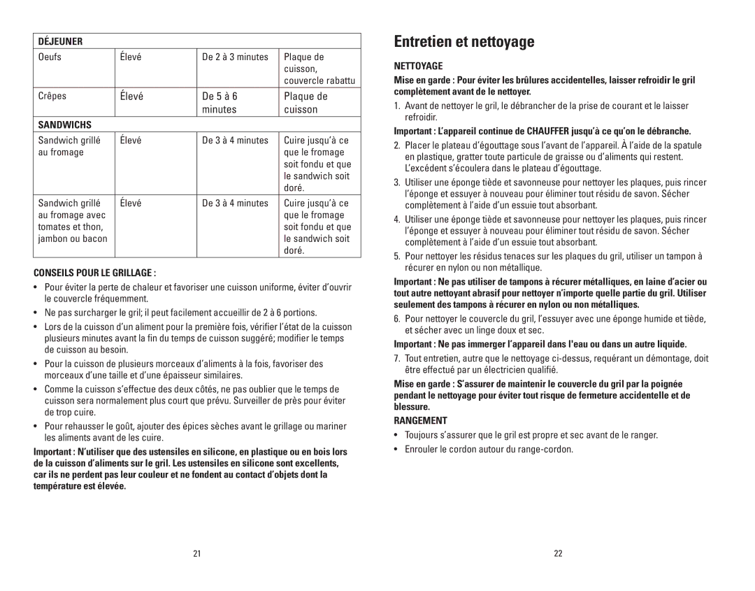 George Foreman GRP100CAN manual Entretien et nettoyage 