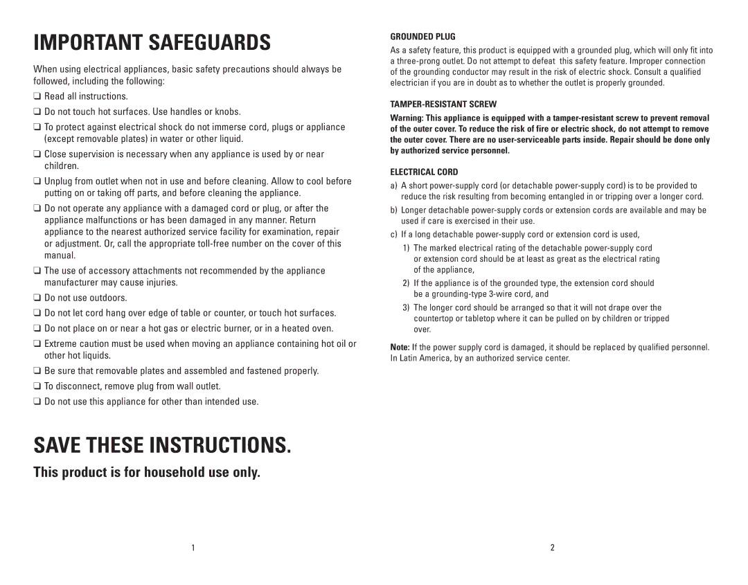 George Foreman GRP100CAN manual Important Safeguards, Grounded Plug, TAMPER-RESISTANT Screw Electrical Cord 