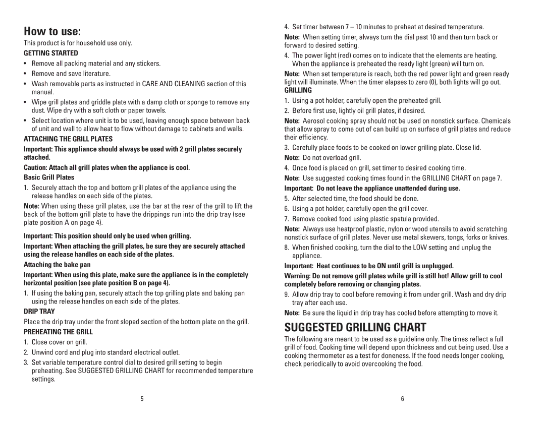 George Foreman GRP100CAN manual How to use, Suggested Grilling Chart 