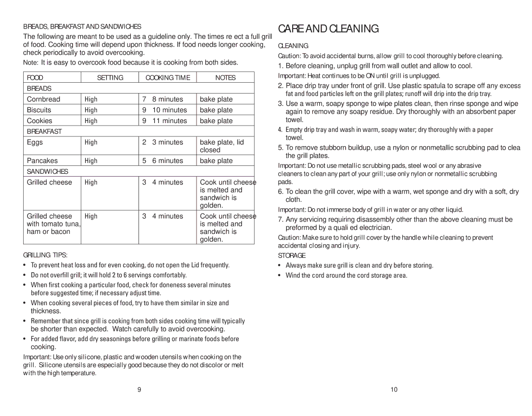 George Foreman GRP100CAN manual Care and Cleaning 