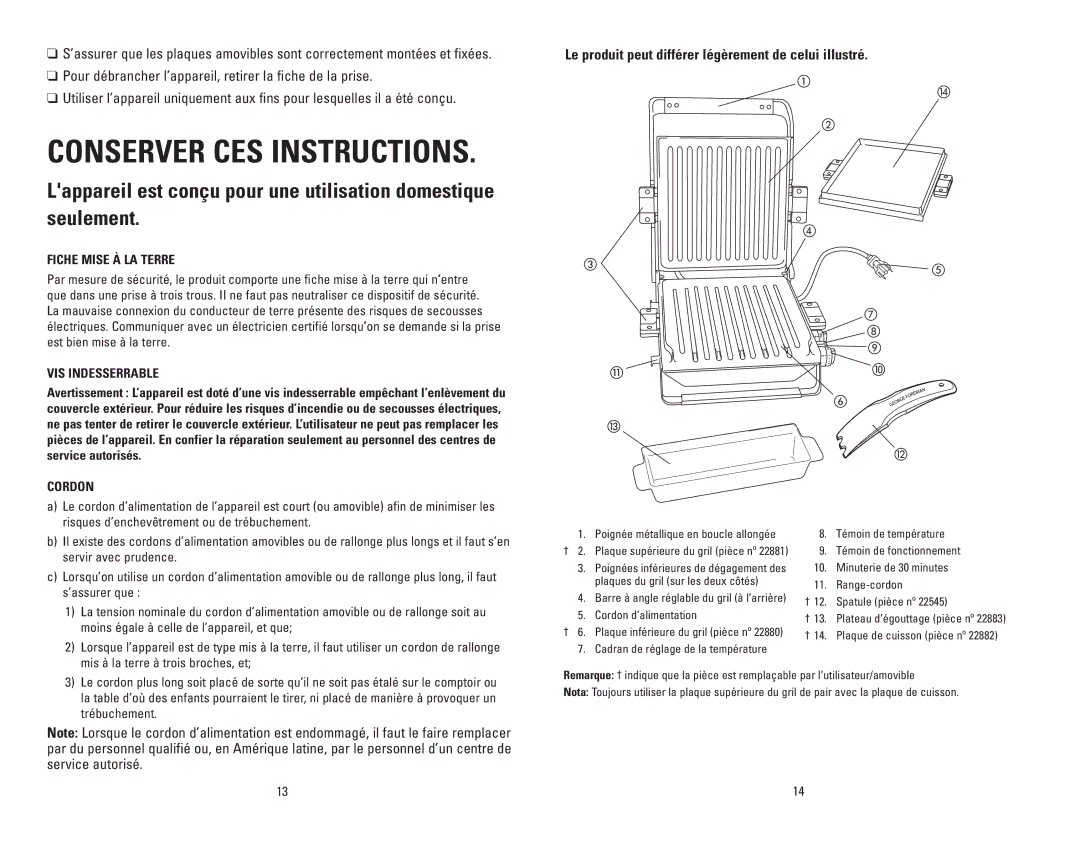 George Foreman GRP100CAN manual Conserver CES Instructions, Le produit peut différer légèrement de celui illustré, Cordon 