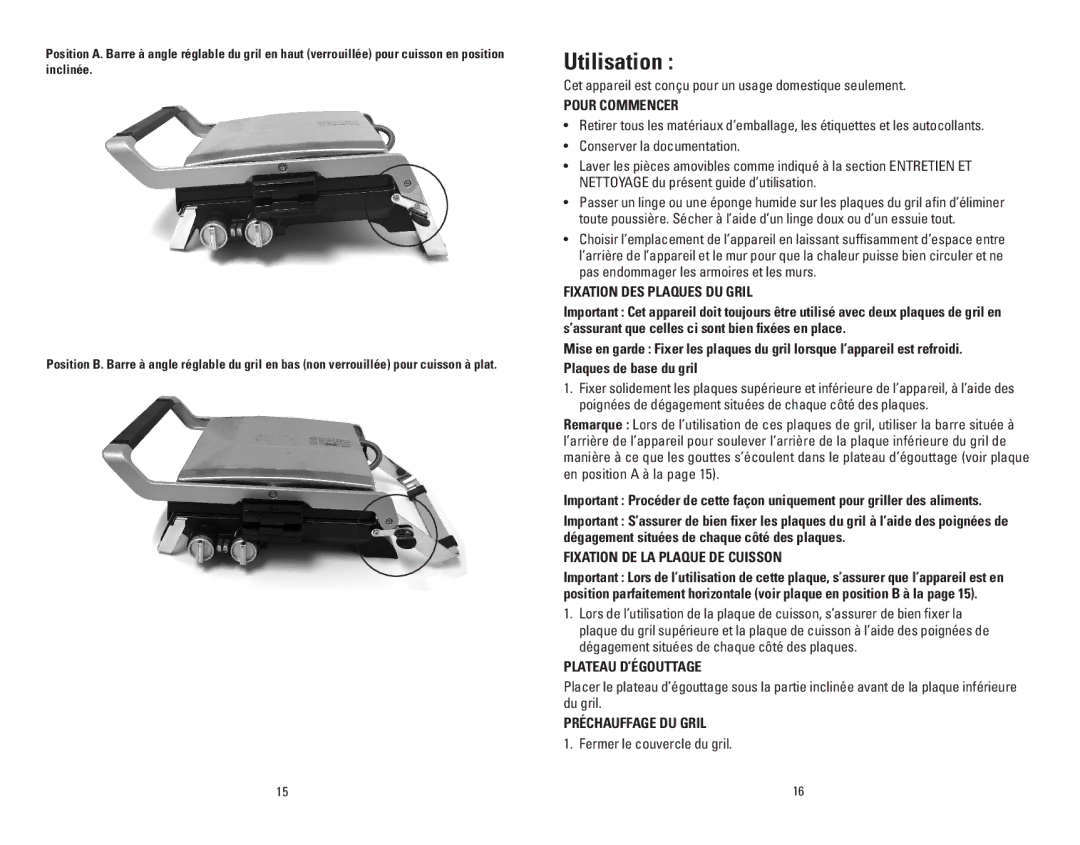 George Foreman GRP100CAN manual Utilisation 