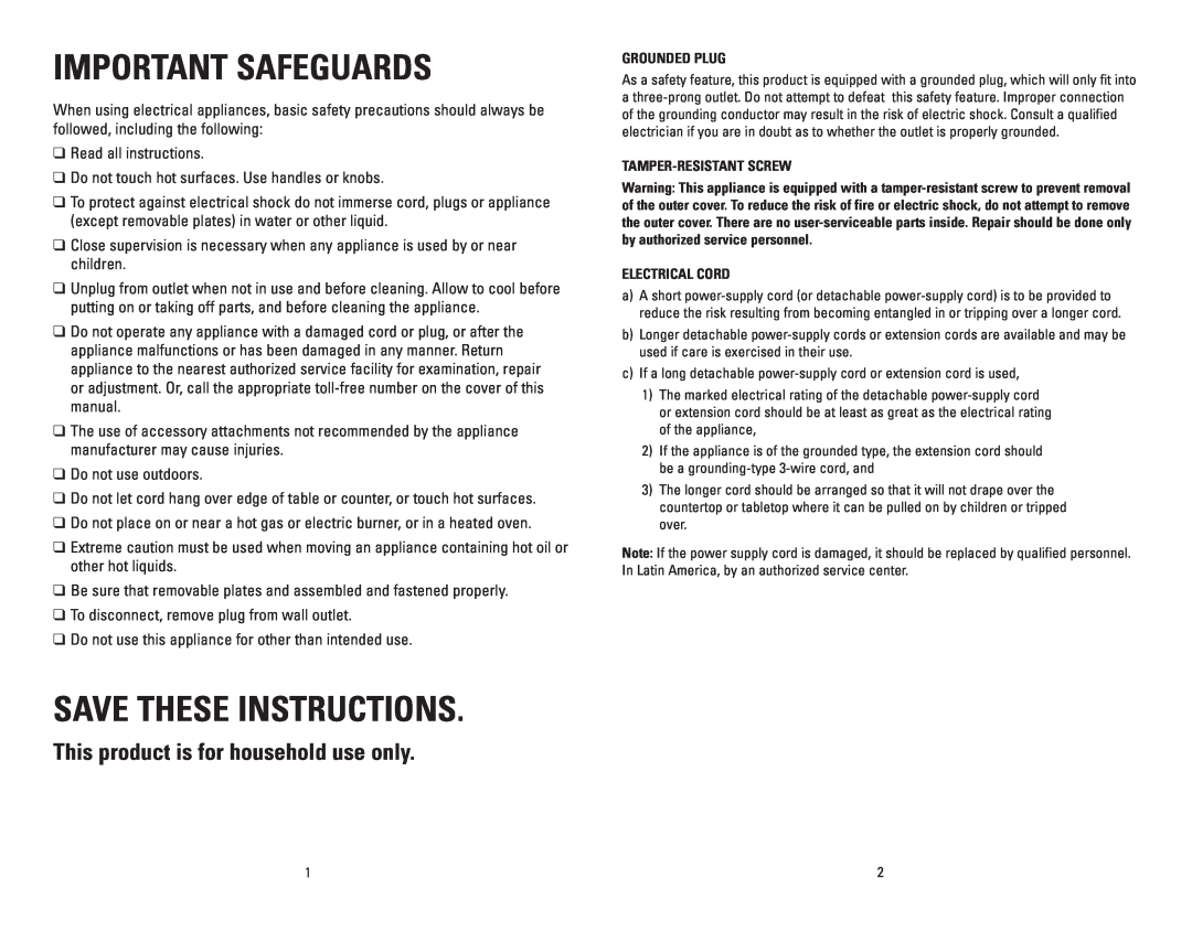 George Foreman GRP100CAN manual Important Safeguards, Save These Instructions, This product is for household use only 