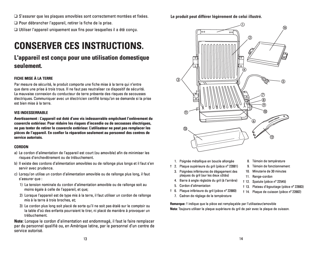George Foreman GRP100CAN manual Conserver Ces Instructions, Lappareil est conçu pour une utilisation domestique seulement 