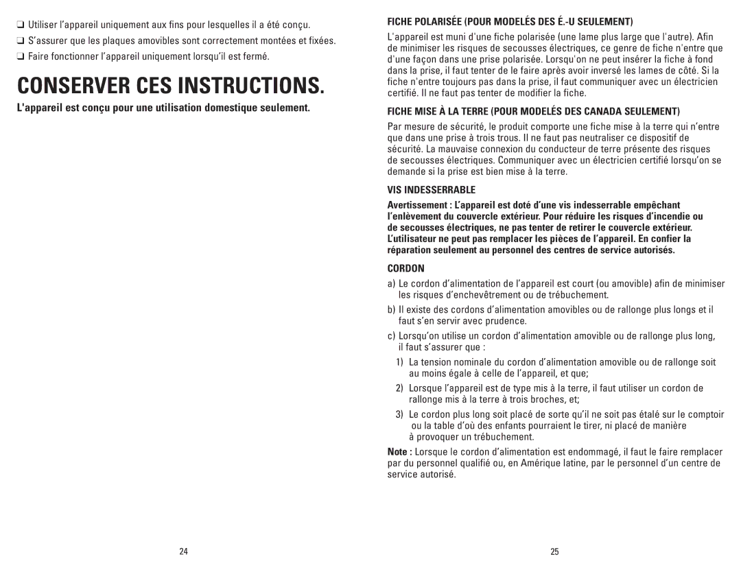 George Foreman GRP101CTGCAN manual Conserver CES Instructions 