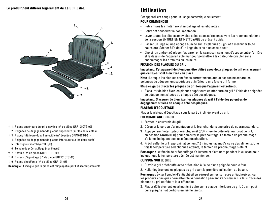 George Foreman GRP101CTGCAN manual Utilisation 