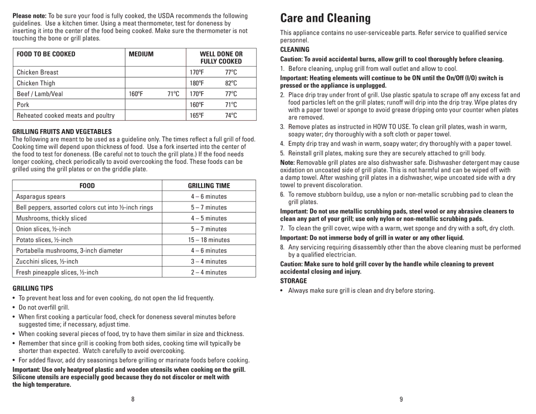 George Foreman GRP101CTGCAN manual Care and Cleaning 