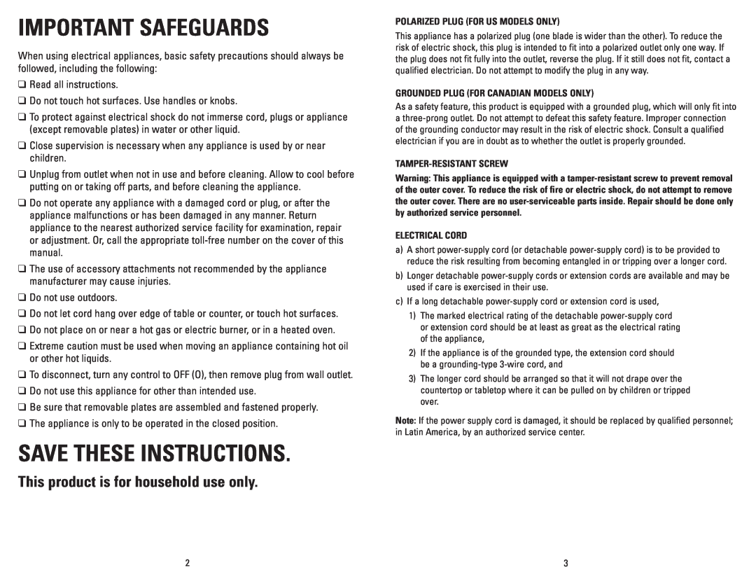 George Foreman GRP101CTGCAN manual Important Safeguards, Save These Instructions, This product is for household use only 