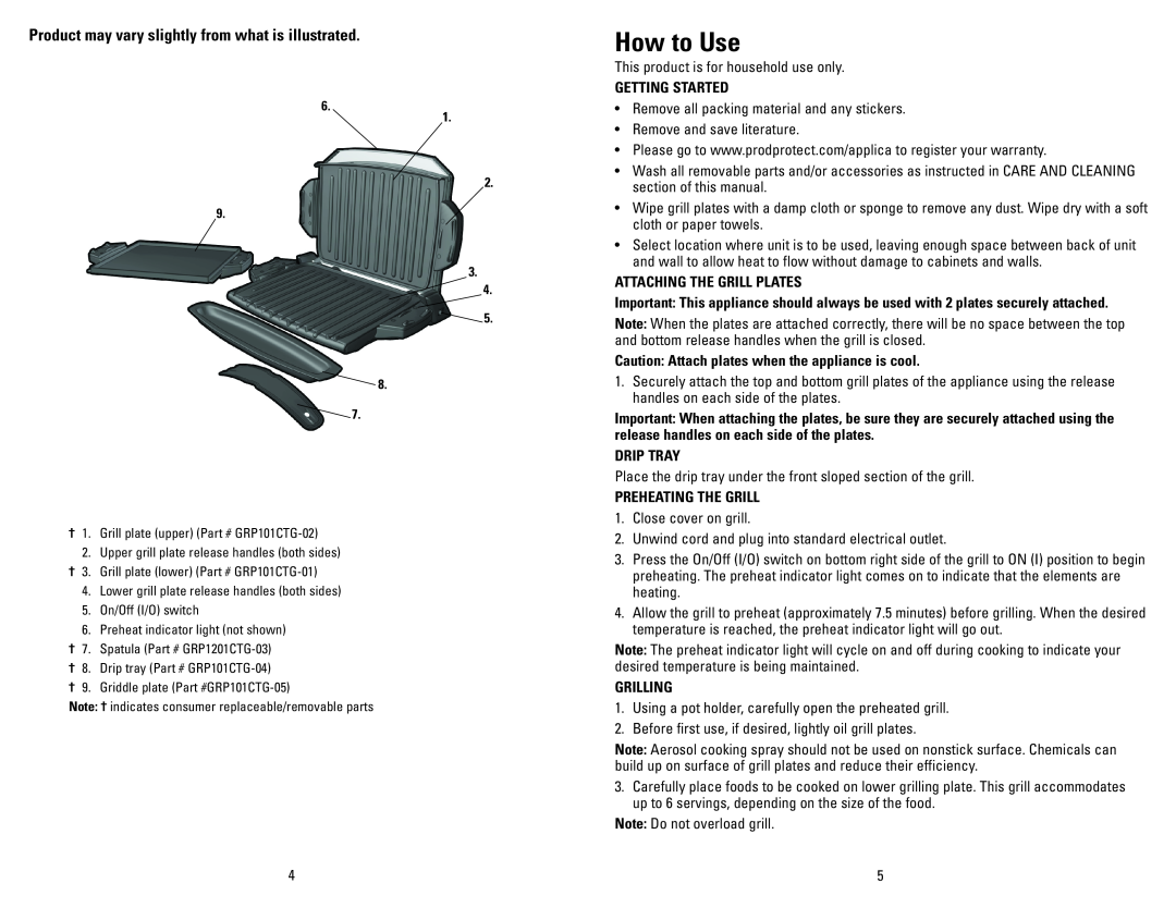 George Foreman GRP101CTG manual How to Use, Getting Started, Attaching The Grill Plates, Drip Tray, Preheating The Grill 