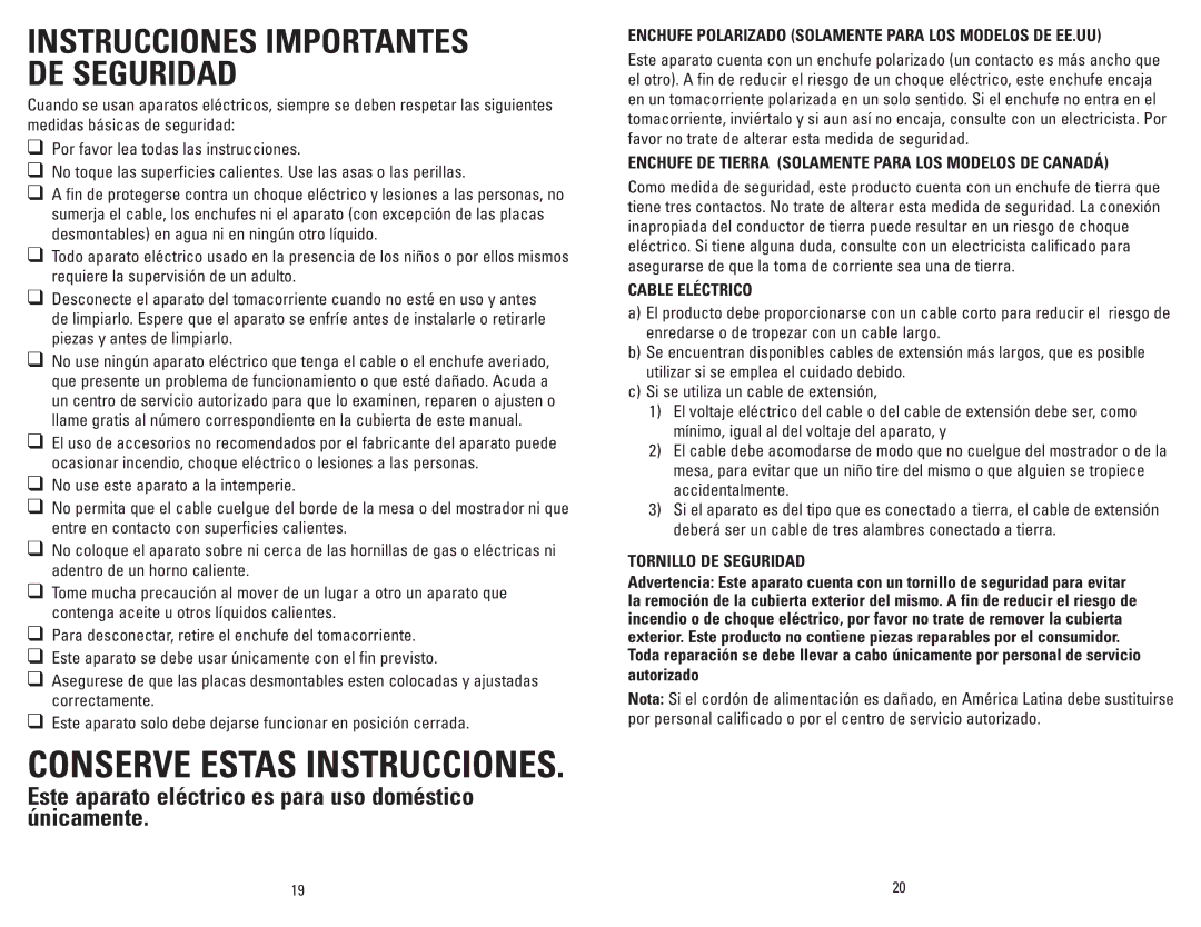 George Foreman GRP106BPP, GRP106BPG, GRP106BPBCAN, GRP106BPR manual Conserve Estas Instrucciones 