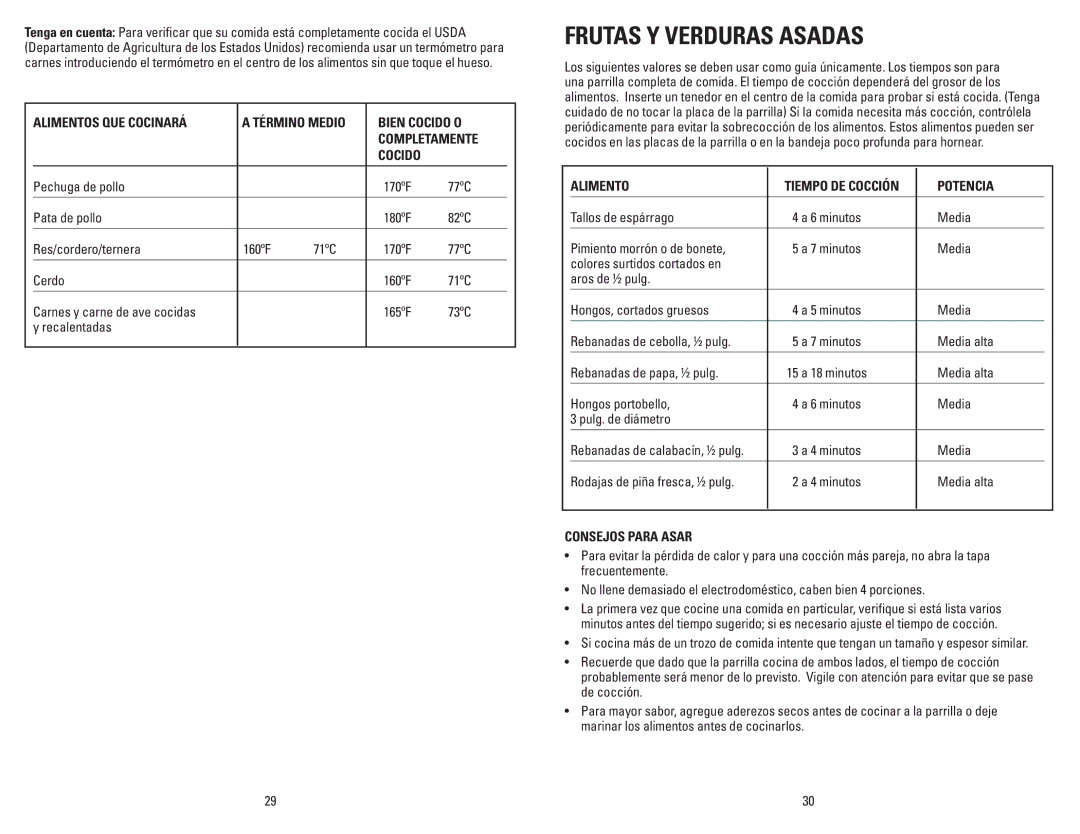 George Foreman GRP106BPP, GRP106BPG, GRP106BPBCAN, GRP106BPR manual Frutas Y Verduras Asadas, Potencia, Consejos Para Asar 