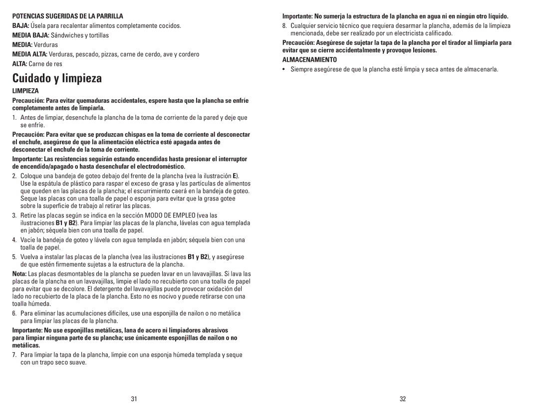 George Foreman GRP106BPBCAN, GRP106BPG Cuidado y limpieza, Potencias Sugeridas DE LA Parrilla, Limpieza, Almacenamiento 