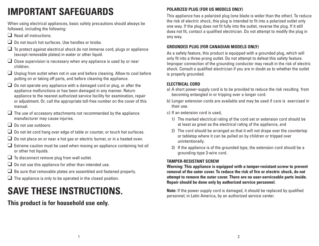 George Foreman GRP106BPBCAN, GRP106BPG, GRP106BPP, GRP106BPR manual Important Safeguards 