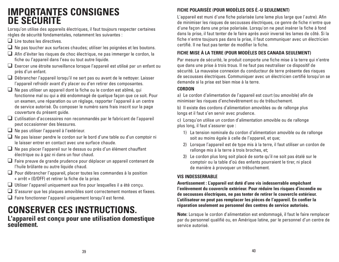 George Foreman GRP106BPP, GRP106BPG, GRP106BPBCAN, GRP106BPR manual Importantes Consignes DE Sécurité 