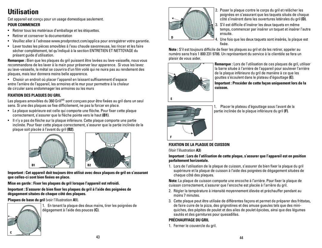 George Foreman GRP106BPB manual Utilisation, Pour Commencer, Fixation DES Plaques DU Gril, Fixation DE LA Plaque DE Cuisson 