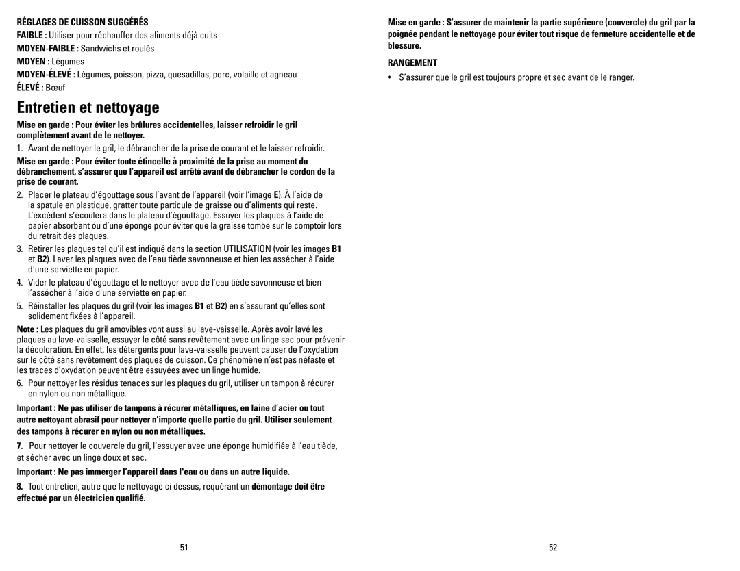 George Foreman GRP106BPBCAN Entretien et nettoyage, Réglages DE Cuisson Suggérés, Moyen Légumes, Élevé Bœuf, Rangement 