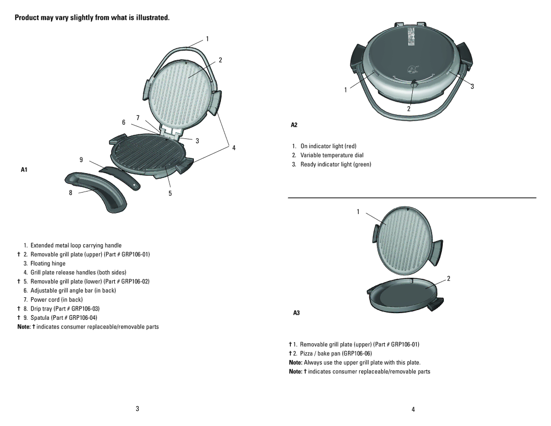 George Foreman GRP106BPG, GRP106BPP, GRP106BPBCAN, GRP106BPR manual Product may vary slightly from what is illustrated 