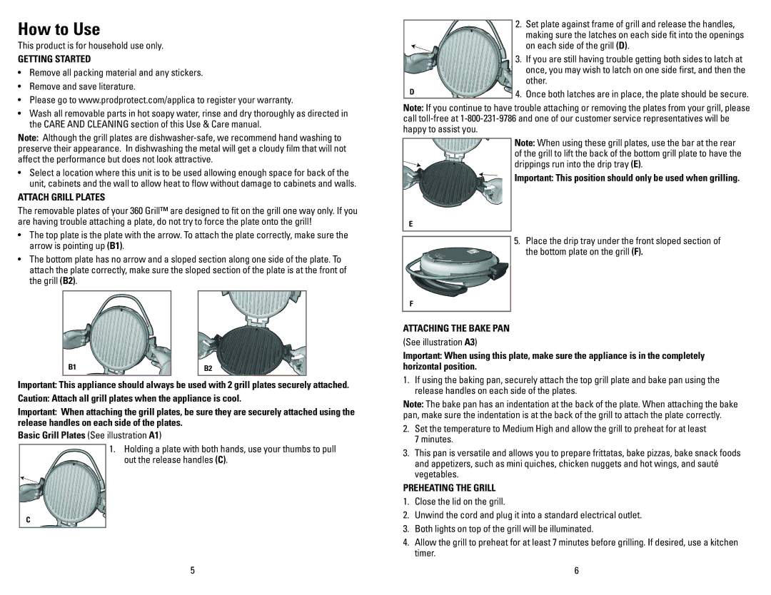 George Foreman GRP106BPR How to Use, Getting Started, Attach Grill Plates, Attaching the Bake PAN, Preheating the Grill 