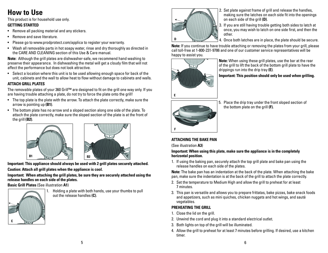 George Foreman GRP106BPR manual How to Use, Getting Started, Attach Grill Plates, Basic Grill Plates See illustration A1 