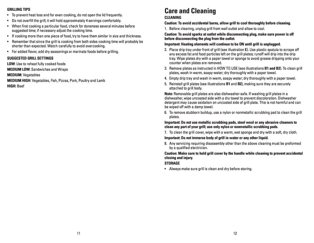 George Foreman GRP106BPBCAN, GRP106BPG, GRP106BPP, GRP106BPR manual Care and Cleaning 