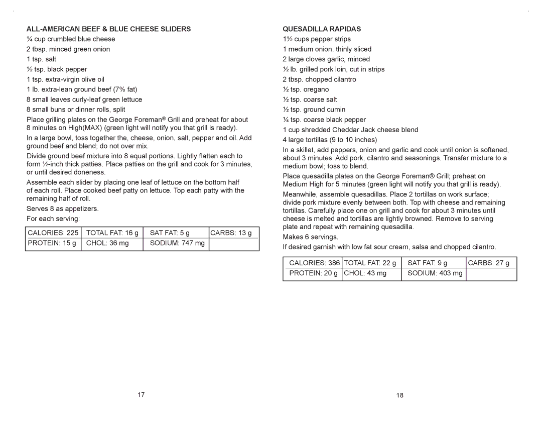 George Foreman GRP106QPGR4CAN manual All-American Beef & Blue Cheese Sliders, Quesadilla Rapidas 