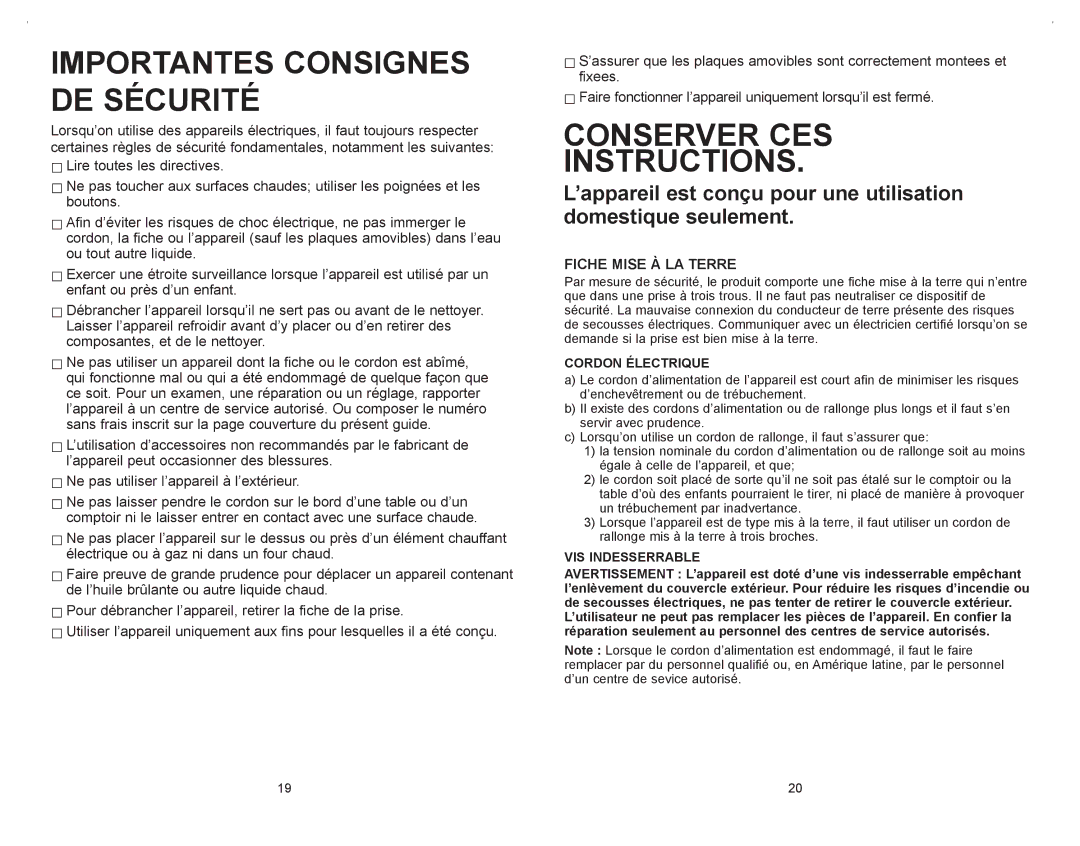 George Foreman GRP106QPGR4CAN manual Fiche Mise À LA Terre, Cordon Électrique, VIS Indesserrable 