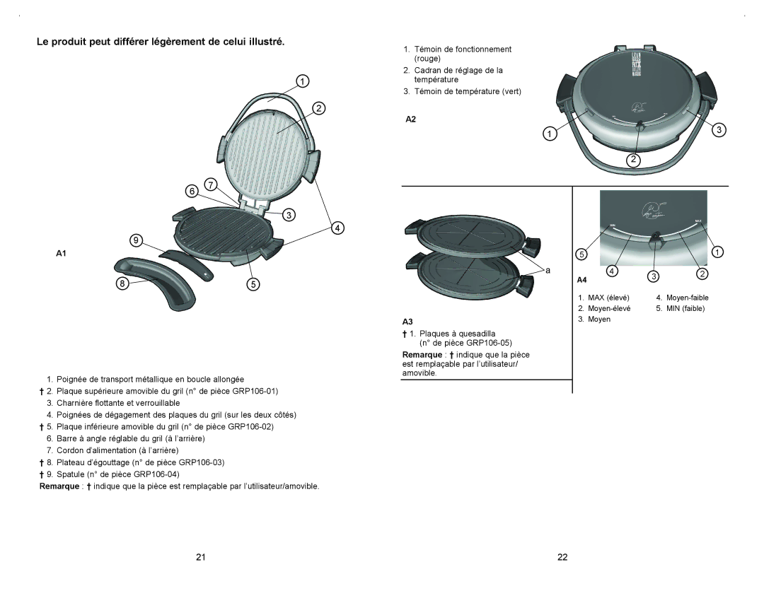 George Foreman GRP106QPGR4CAN manual Le produit peut différer légèrement de celui illustré 