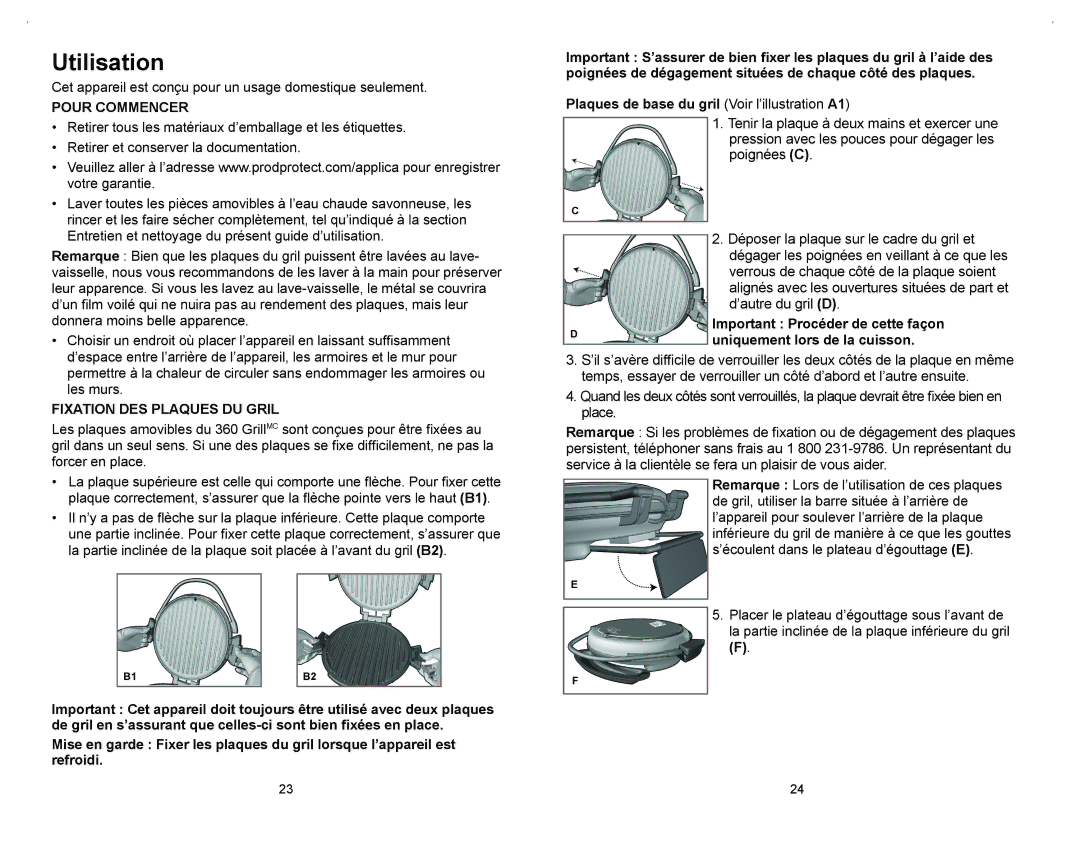 George Foreman GRP106QPGR4CAN manual Utilisation, Pour Commencer, Fixation DES Plaques DU Gril 