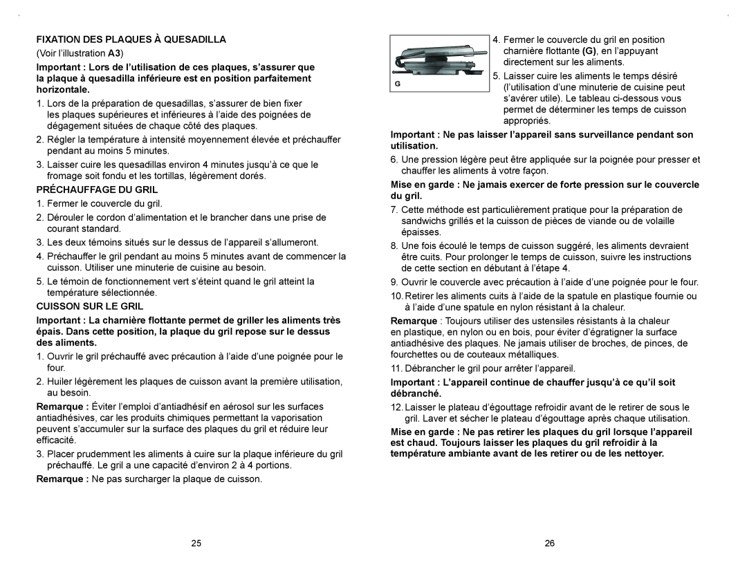 George Foreman GRP106QPGR4CAN manual Fixation DES Plaques À Quesadilla, Préchauffage DU Gril, Cuisson SUR LE Gril 