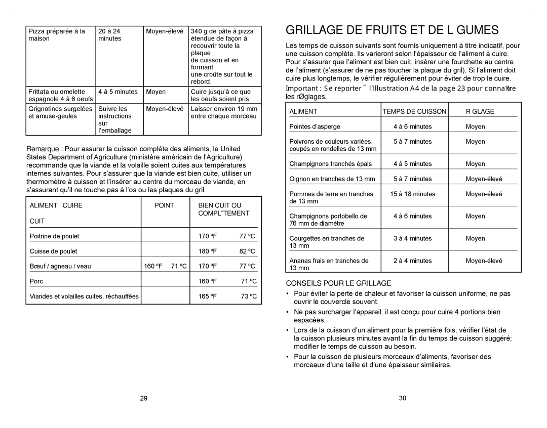 George Foreman GRP106QPGR4CAN manual Grillage DE Fruits ET DE Légumes, Conseils Pour LE Grillage 