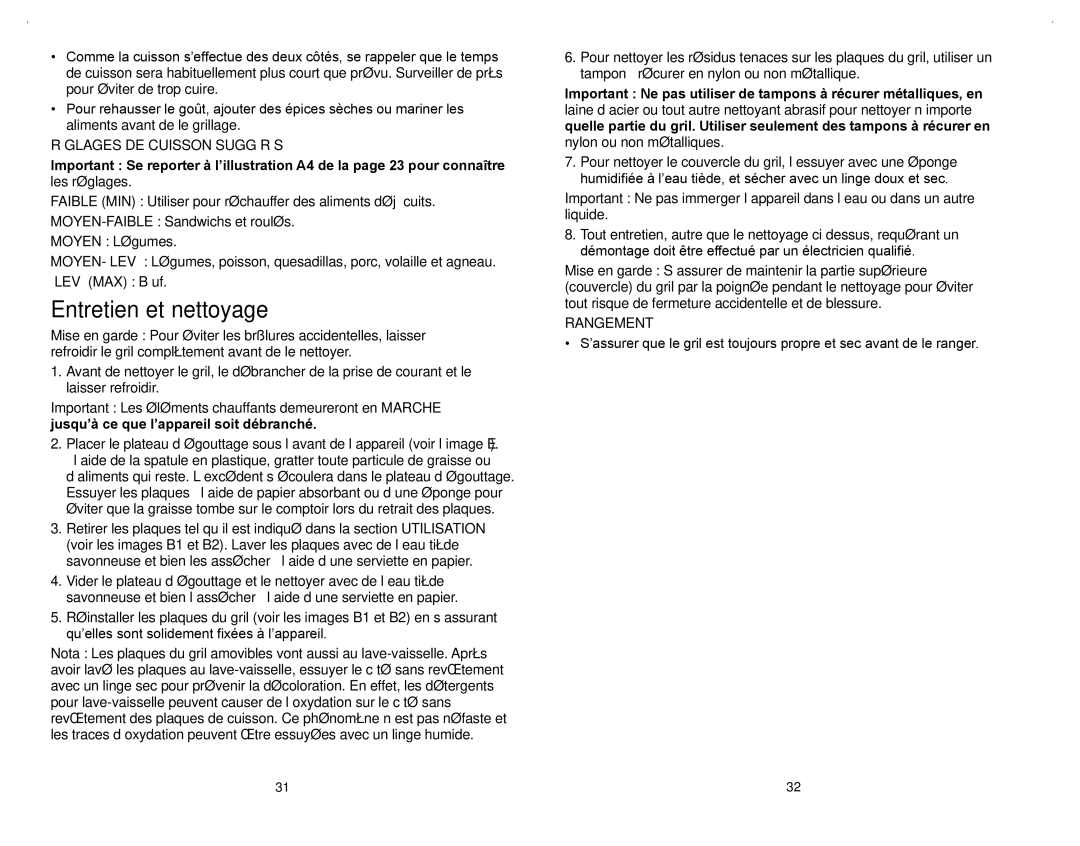 George Foreman GRP106QPGR4CAN manual Entretien et nettoyage, Réglages DE Cuisson Suggérés, Élevé MAX Bœuf, Rangement 